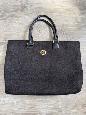 Tory Burch Black Wool Tote with Gold Logo
